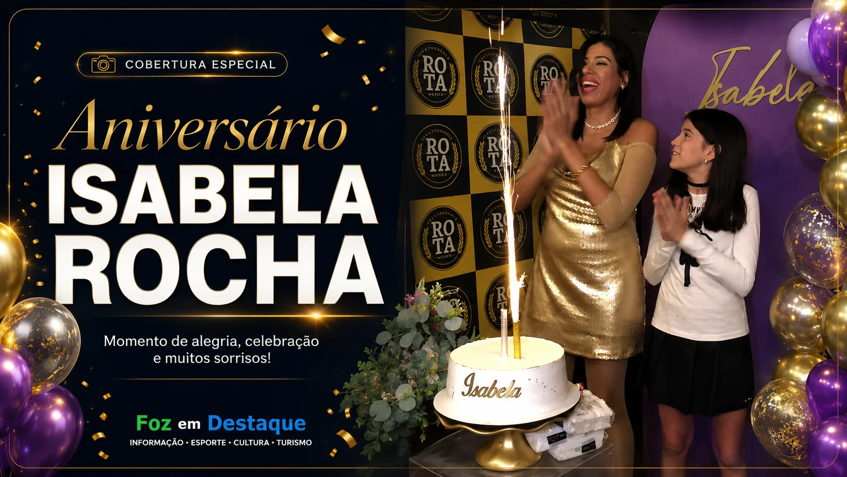 Isabela Rocha emocionada durante o seu aniversário surpresa no Rota Bar e Petiscaria em Foz do Iguaçu, rodeada por amigos em 2026.