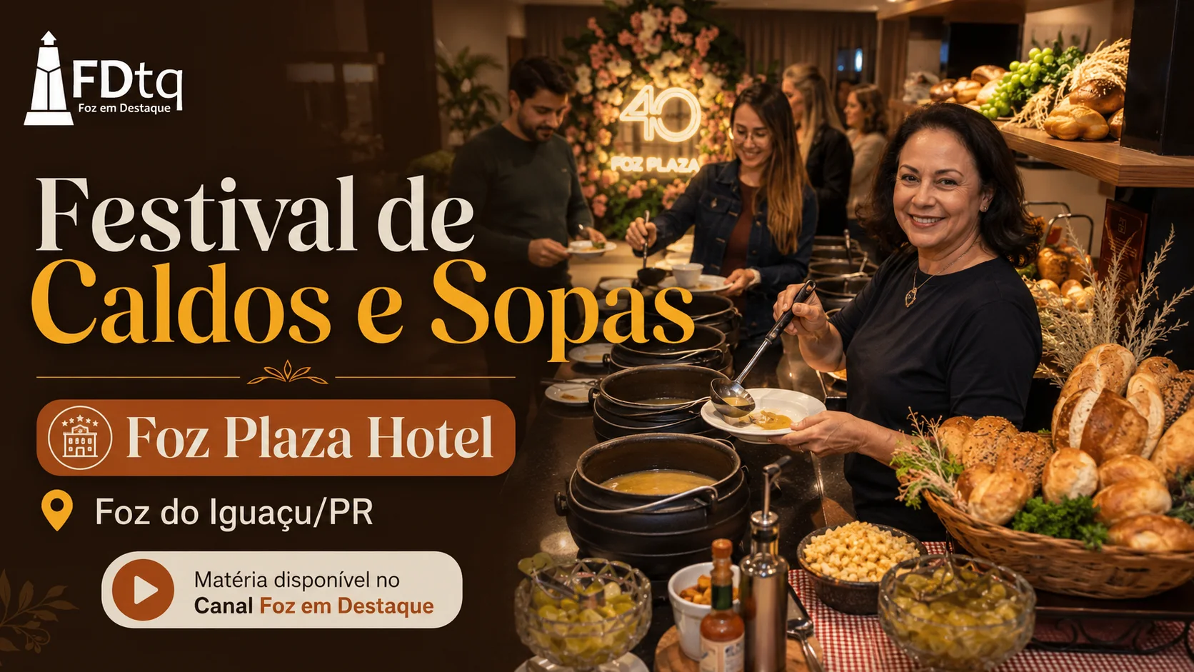 Pessoas elegantes servindo-se de cremes e caldos quentes no luxuoso buffet de inverno do Foz Plaza Hotel em Foz do Iguaçu no ano de 2026.