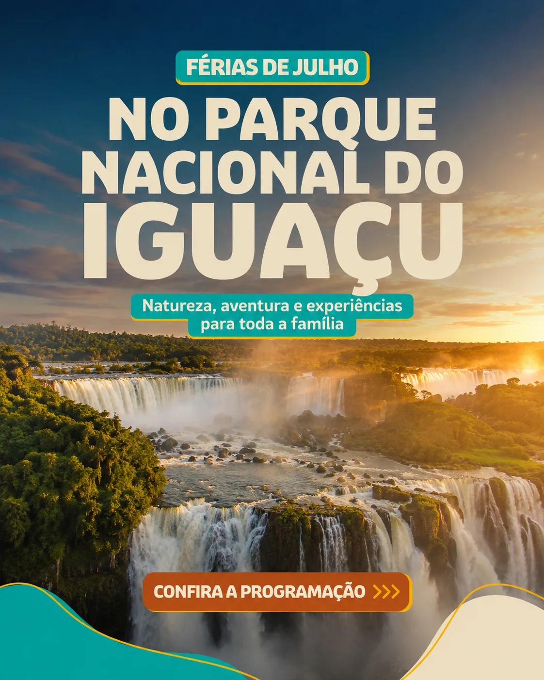 Família pedalando em ciclovia do Parque Nacional Iguaçu 2026 com Cataratas ao fundo.