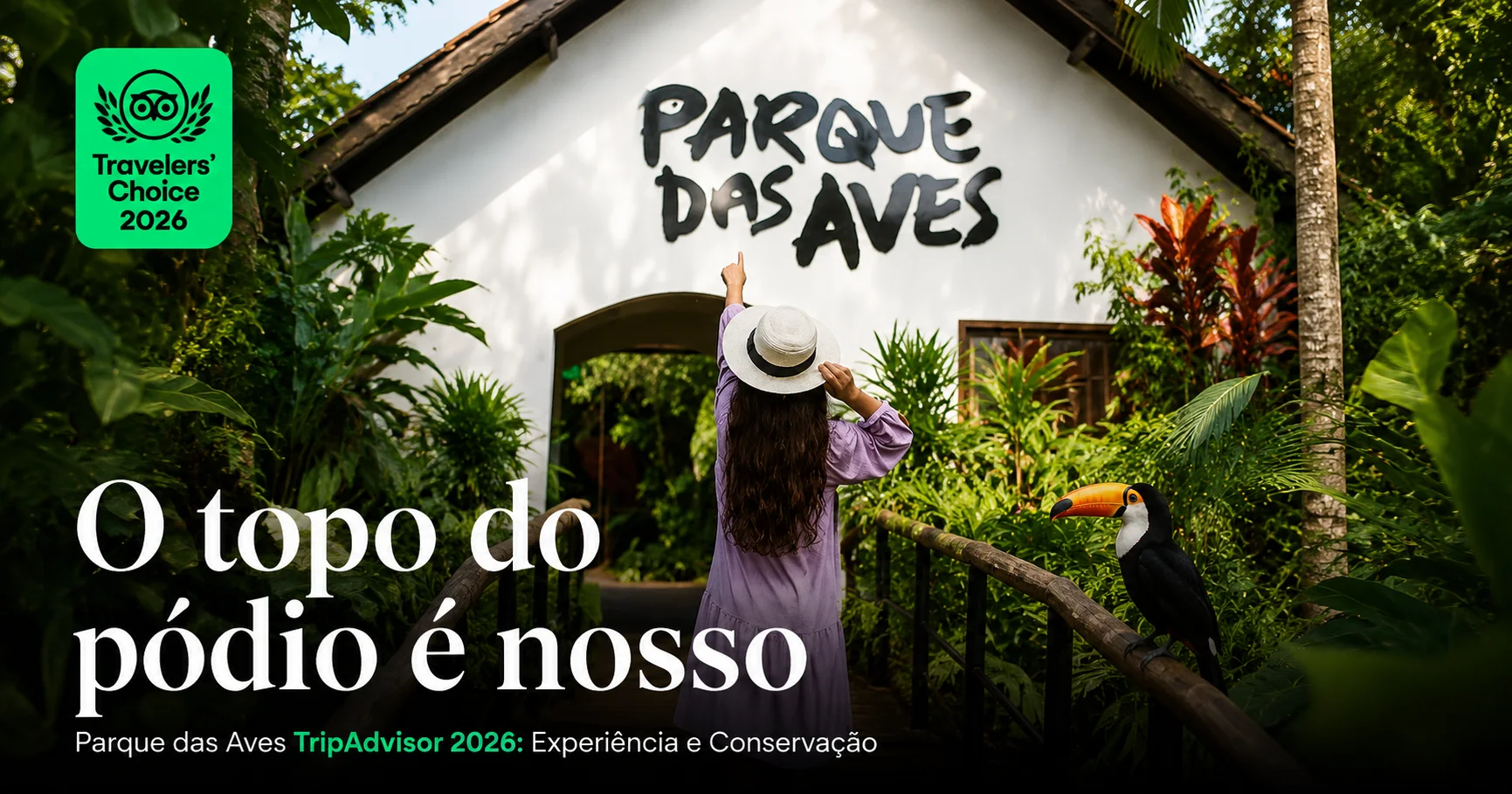 Parque das Aves Celebra Selo TripAdvisor 2026 Visitantes apreciando araras e a exuberante natureza da Mata Atlântica no Parque das Aves em Foz do Iguaçu, celebrando o prêmio Travellers' Choice 2026.