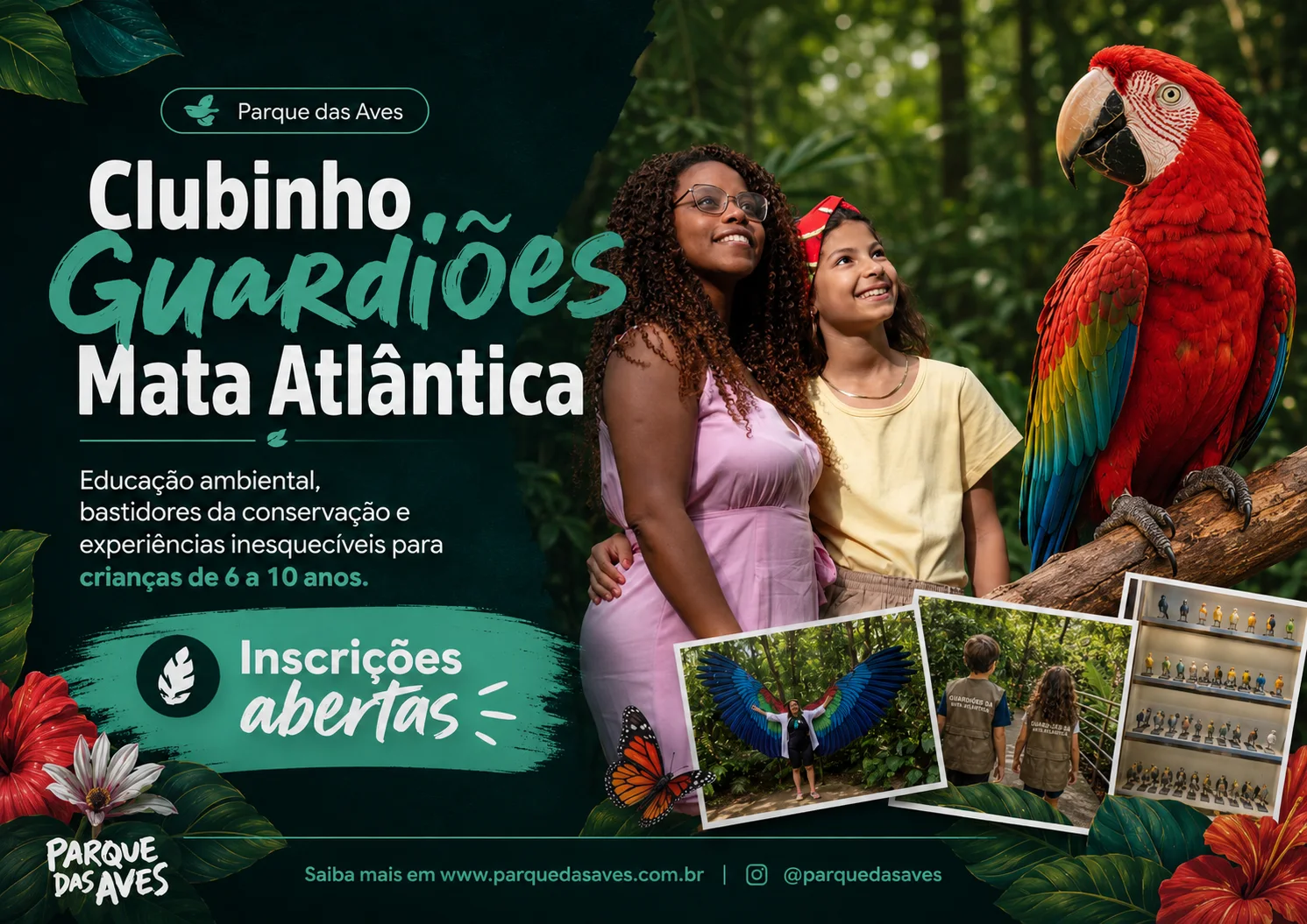 Grupo de crianças atentas enquanto aprendem sobre a conservação de aves da Mata Atlântica nos bastidores do Parque das Aves, durante as atividades interativas e exclusivas do Clubinho Guardiões.