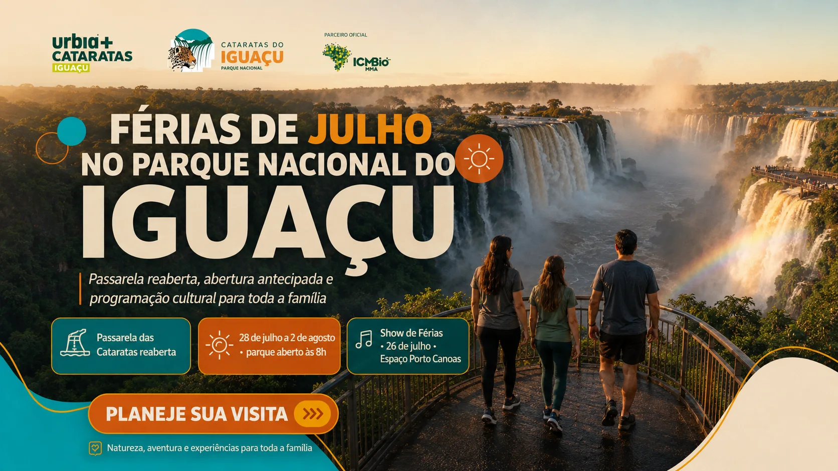Turistas apreciando a majestosa vista das Cataratas do Iguaçu a partir da passarela reaberta, destacando a excelência do turismo sustentável gerido pela Urbia+Cataratas.