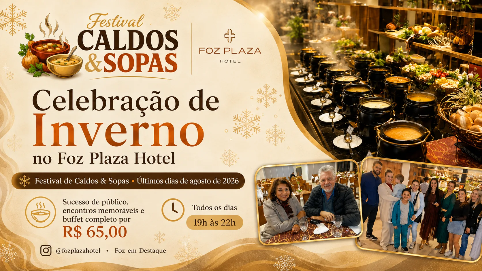 Membros da alta sociedade brindando durante o Festival de Sopas Foz 2026 no elegante Foz Plaza Hotel, rodeados por um suntuoso buffet de caldos e queijos.