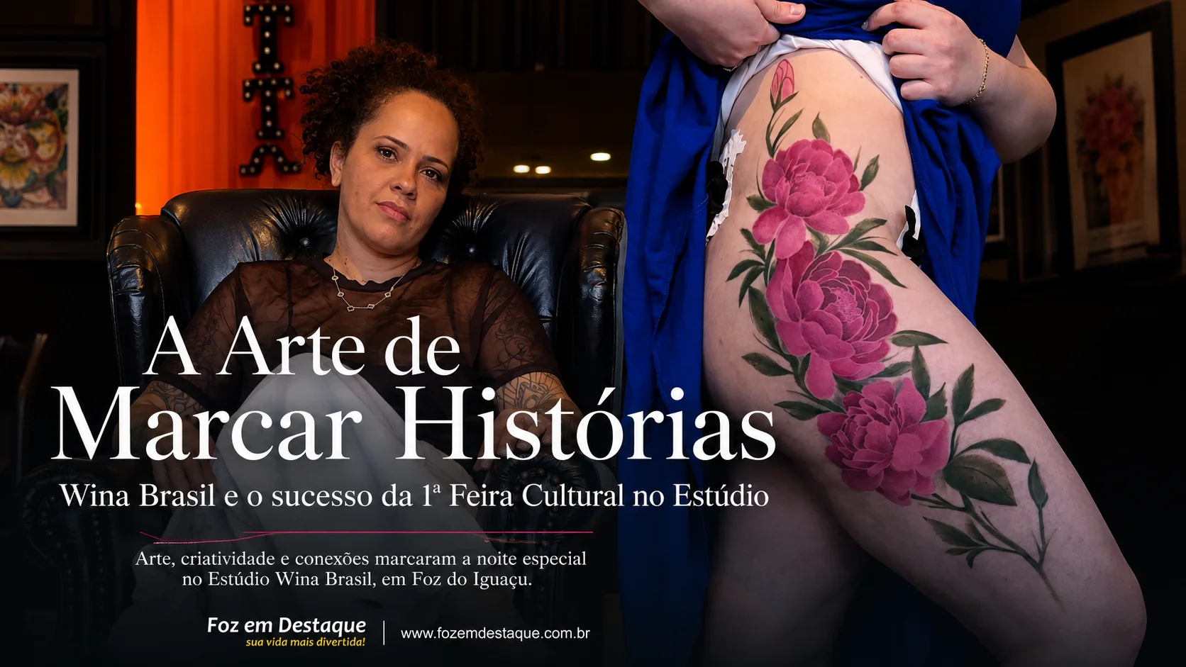 A renomada tatuadora Wina Brasil em seu estúdio durante a primeira feira cultural, cercada por obras de arte, convidados elegantes e muita criatividade em Foz