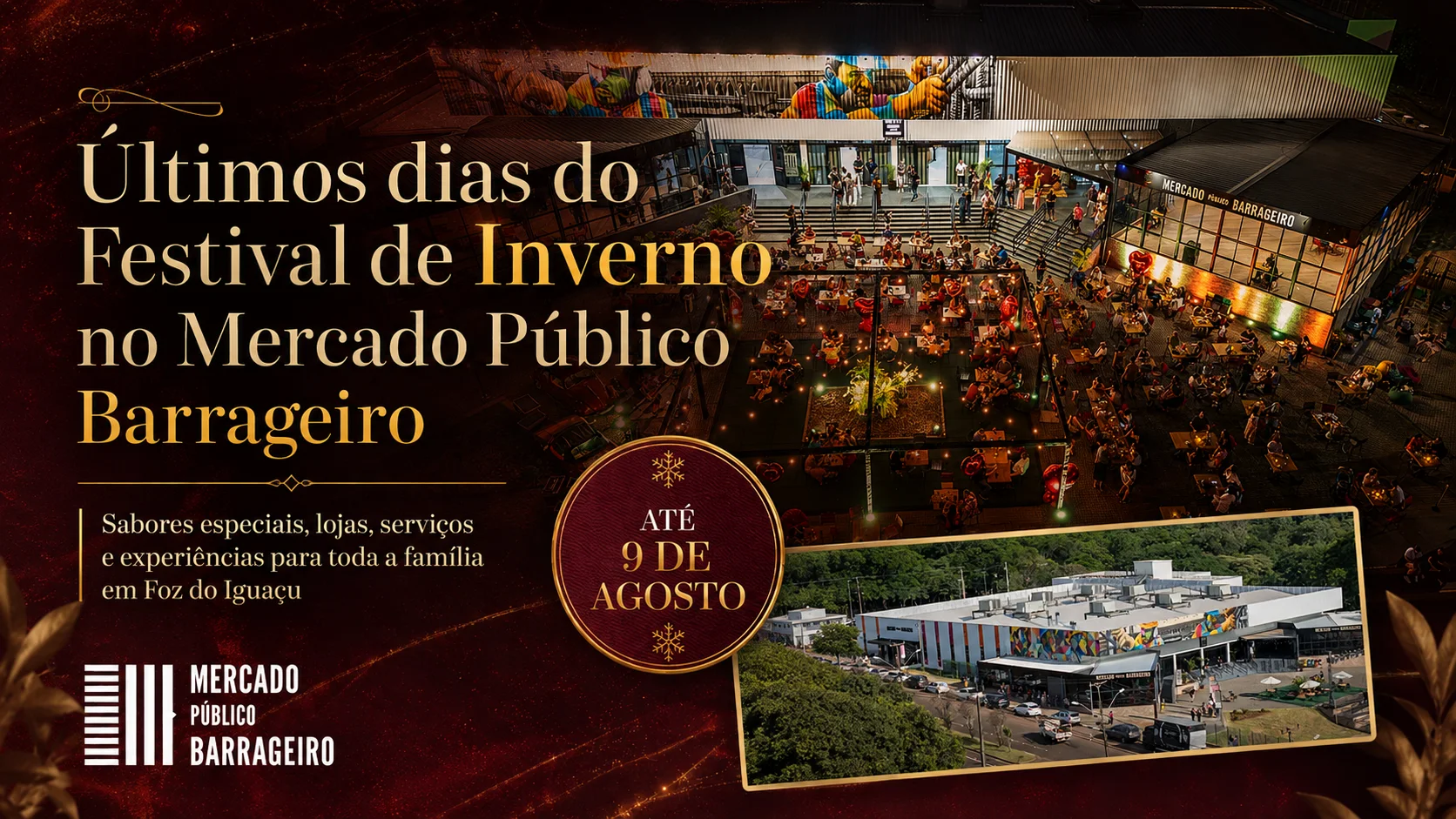 Apresentadora anuncia os últimos dias do Festival de Inverno no interior do Mercado Público Barrageiro, em Foz do Iguaçu.