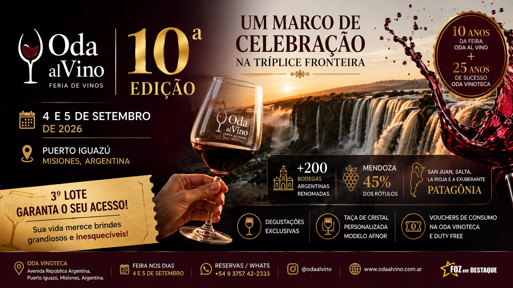 Foz em Destaque na 10ª Oda al Vino em Puerto Iguazú Convite elegante da 10ª edição da Feria Oda al Vino 2026 destacando os dias 4 e 5 de setembro em Puerto Iguazú, com chancela Foz em Destaque.