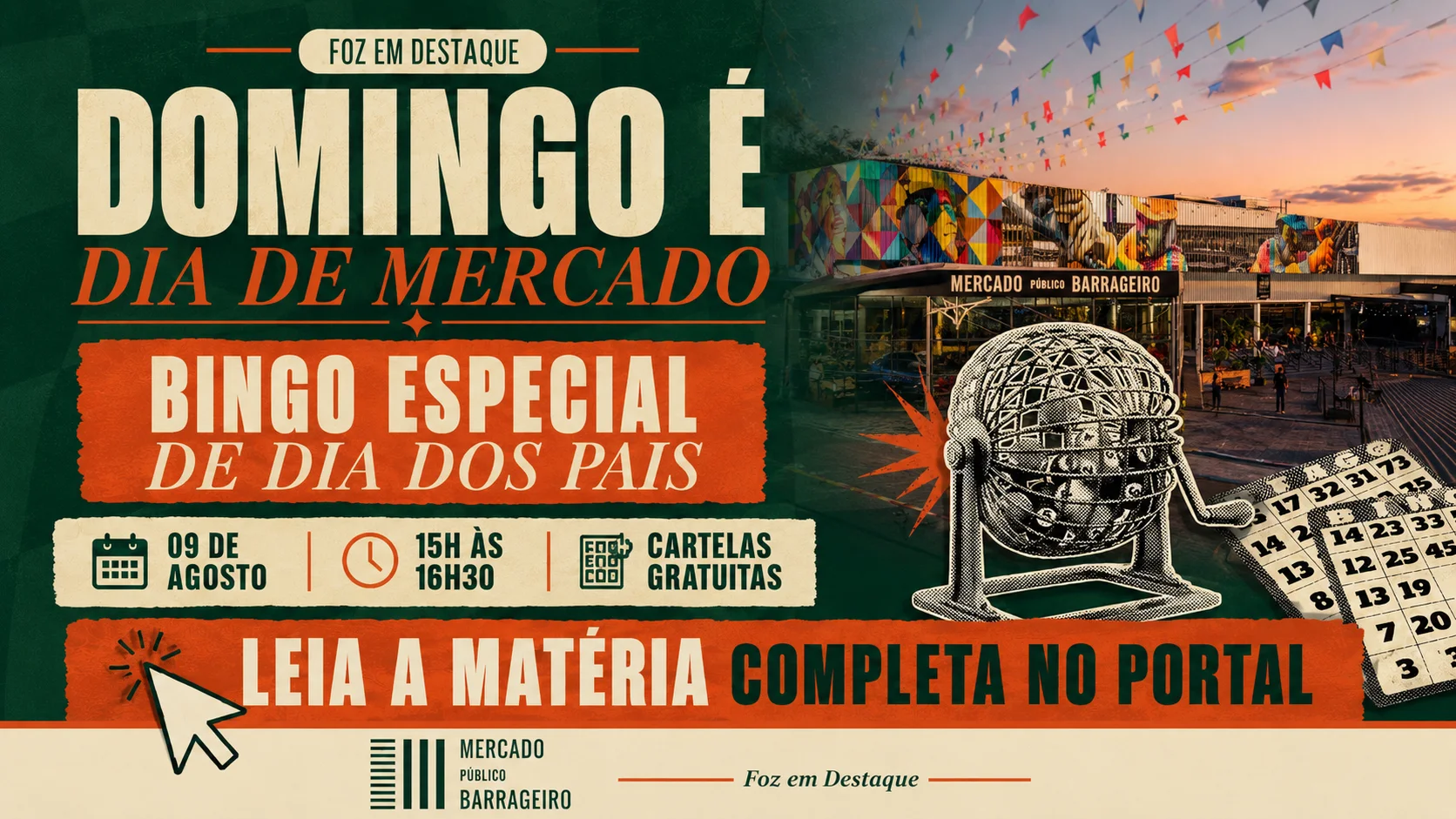 Fachada e ambiente interno do revitalizado Mercado Público Barrageiro em Foz do Iguaçu, repleto de famílias desfrutando de gastronomia e lazer no Dia dos Pais.