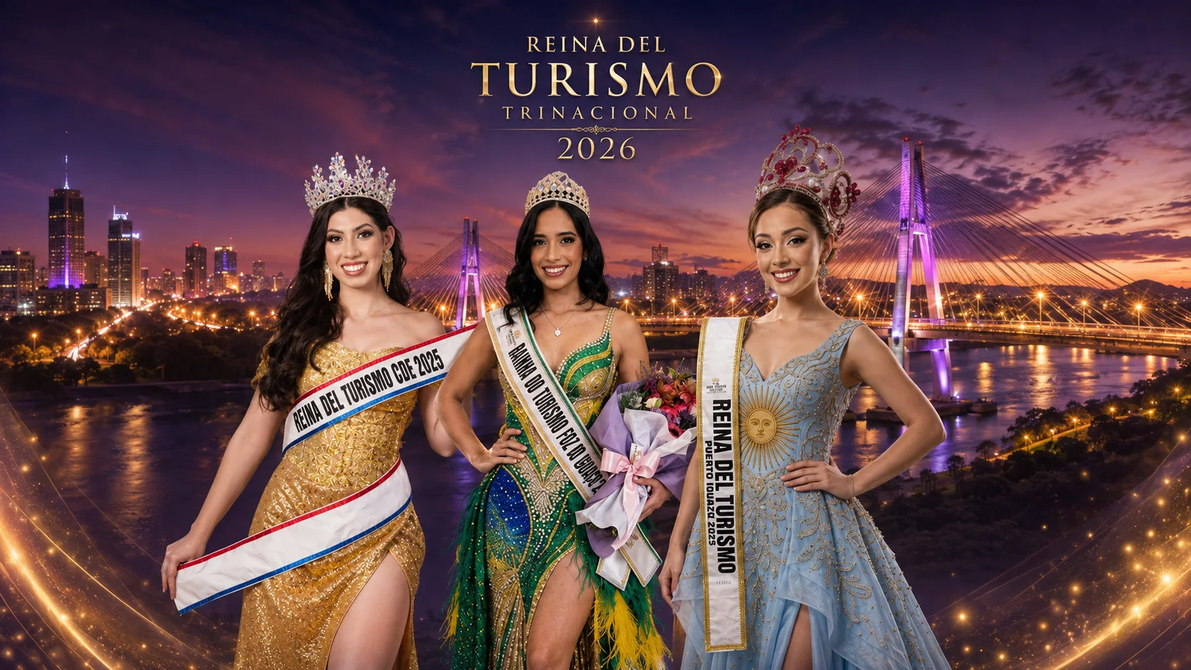 As Soberanas da Tríplice Fronteira no Reina del Turismo Trinacional Fotografia elegante reunindo as três rainhas do turismo da Tríplice Fronteira em trajes de gala, preparadas para o luxuoso concurso no Hotel Marambaia.