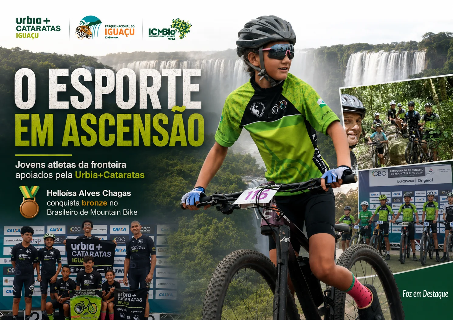 O Esporte em Ascensão: Jovens Atletas da Fronteira Apoiados pela Urbia+Cataratas Registro inspirador de jovens ciclistas em plena atividade, representando o projeto da Escolinha de Ciclismo Professor Jair Pisolatto, com o valoroso apoio da Urbia+Cataratas.