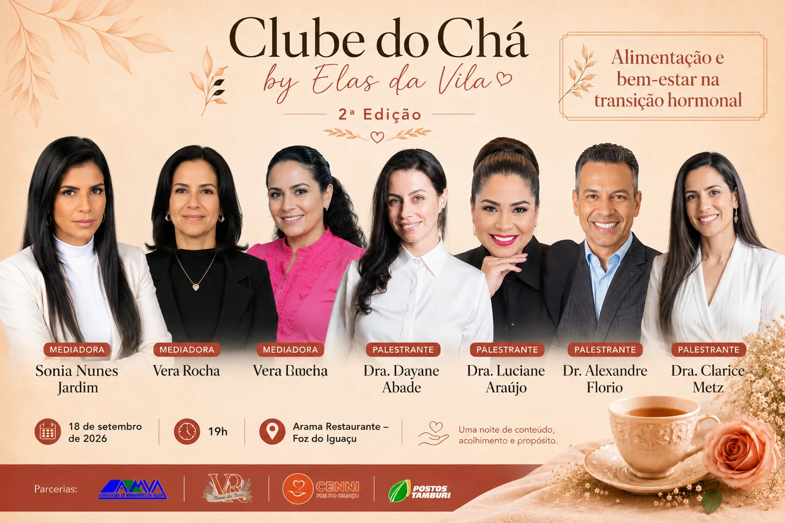 Arte promocional do evento Clube do Chá abordando o tema O Código do Relacionamento no ARAMA Restaurante, em prol do Centro de Nutrição Infantil de Foz do Iguaçu.