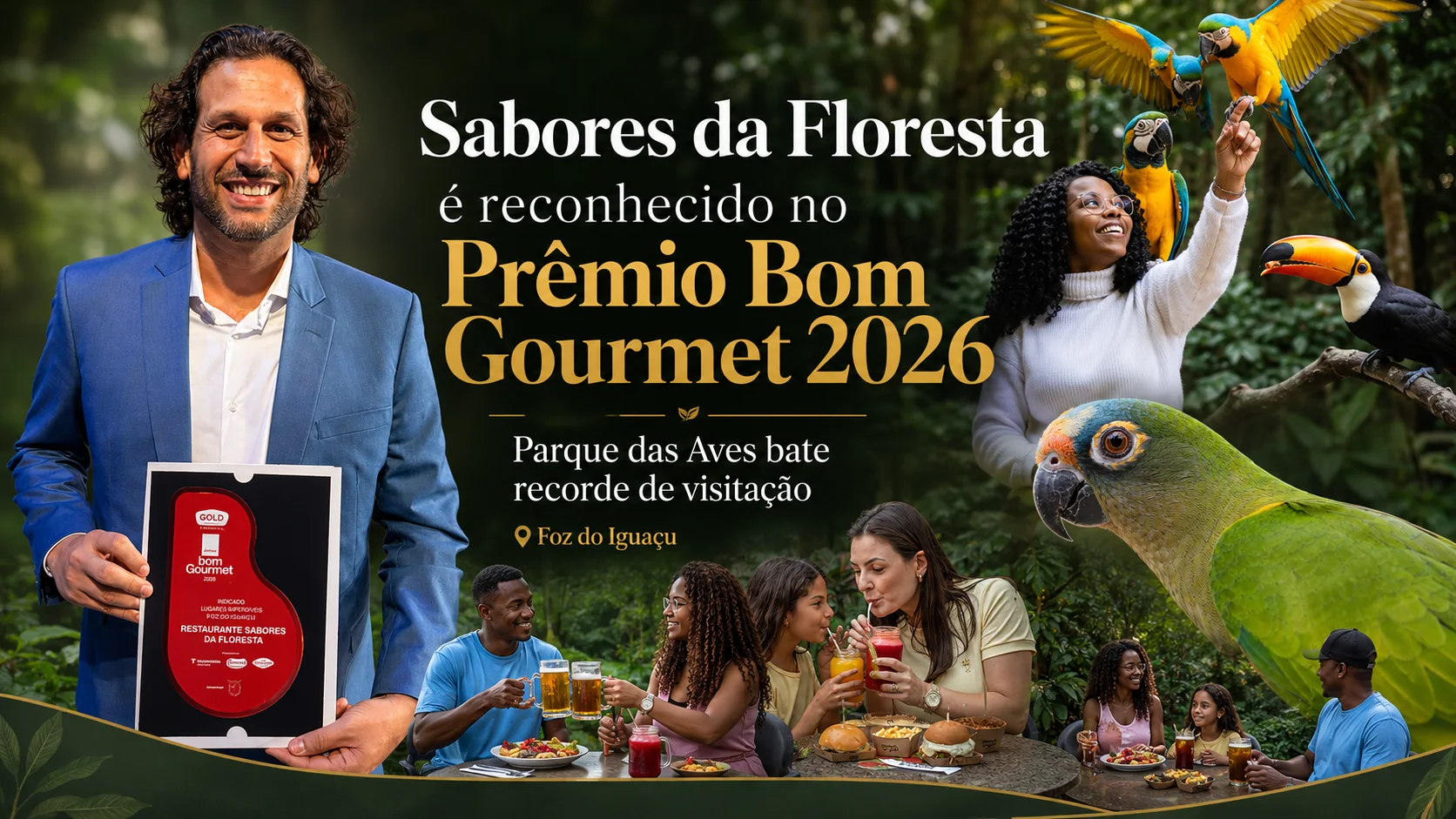 Rafael Bretas recebe a chancela do Prêmio Bom Gourmet 2026 para o Restaurante Sabores da Floresta Rafael Bretas, diretor da Agência FOG, sorri segurando a placa vermelha de reconhecimento do Prêmio Bom Gourmet 2026 concedida ao Restaurante Sabores da Floresta em Curitiba.