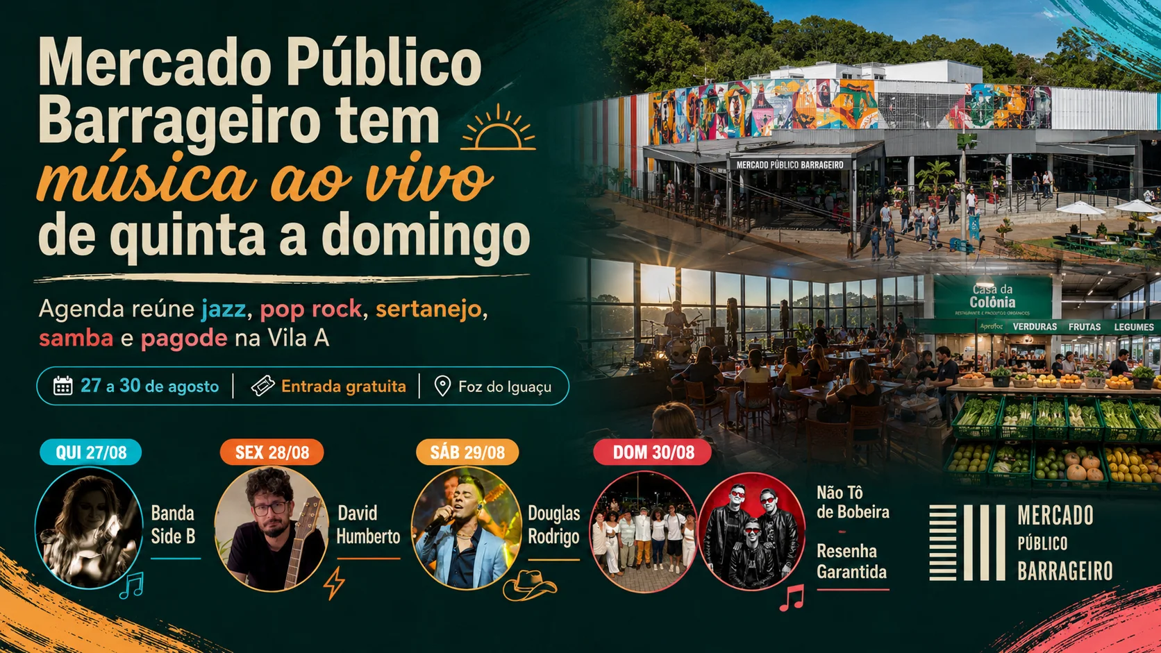 Palco do Mercado Público Barrageiro com iluminação cênica e público acompanhando apresentação musical na praça gastronômica.