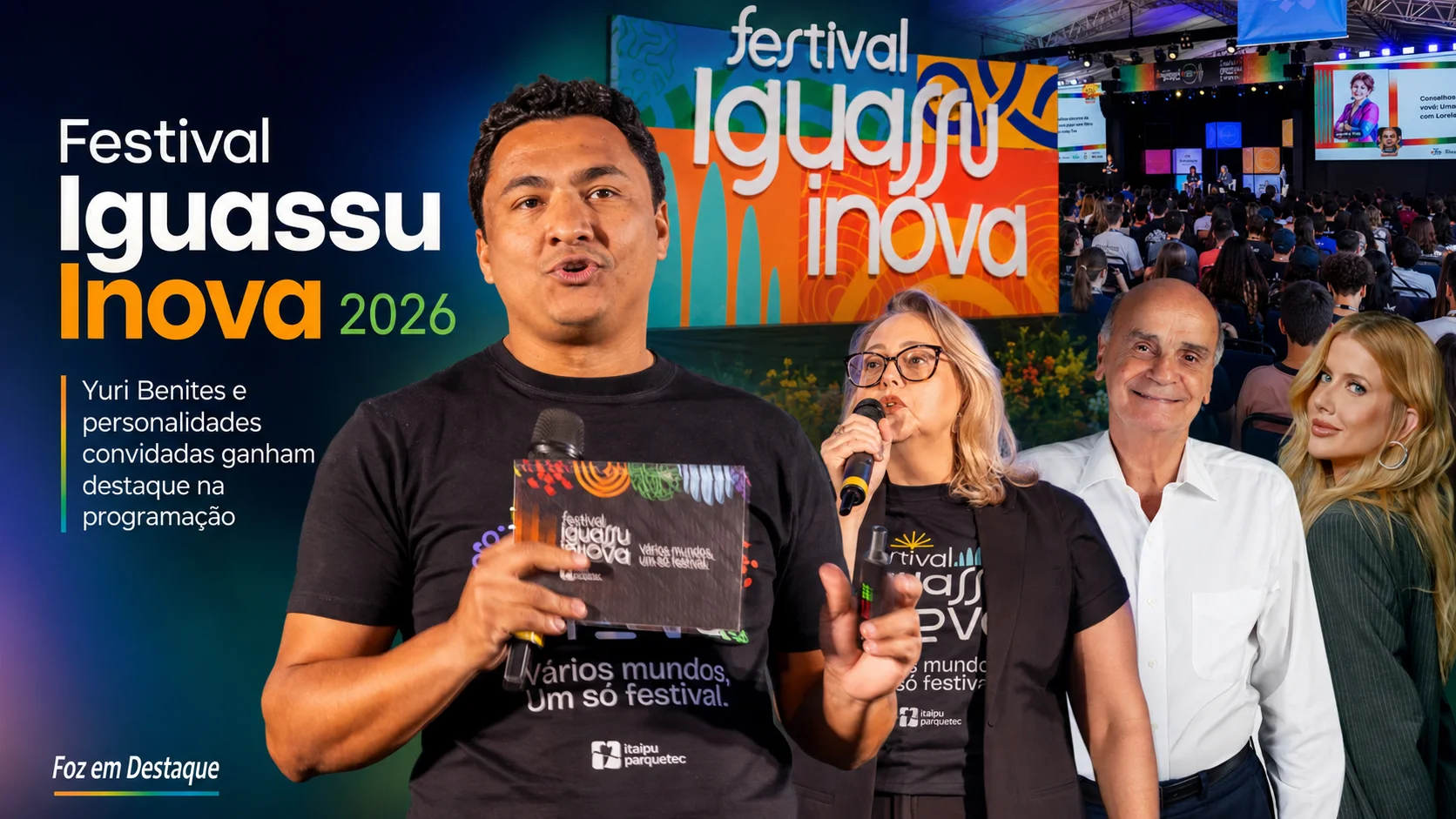 Lançamento do Festival Iguassu Inova 2026 no Itaipu Parquetec Yuri Benites apresentando novidades do Festival Iguassu Inova 2026 em palco