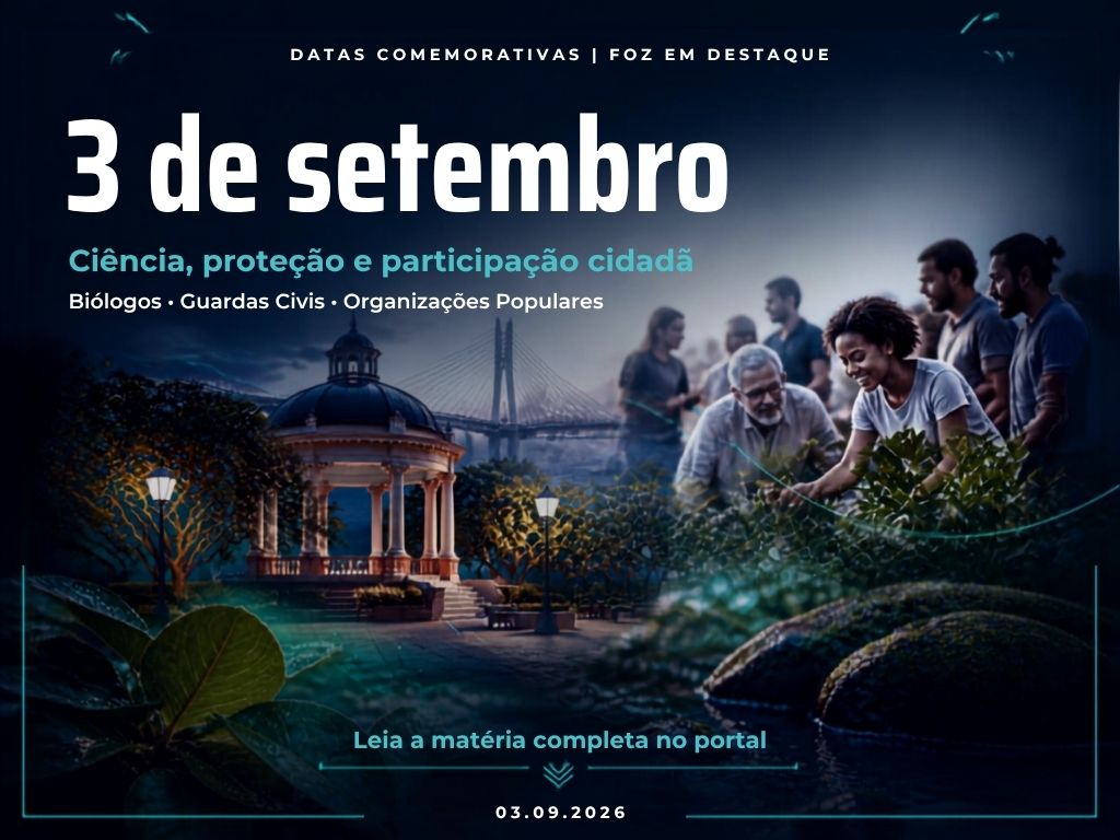 Arte das Datas Comemorativas de 3 de setembro com elementos relacionados ao trabalho dos biólogos, à Guarda Civil e à organização da sociedade civil.