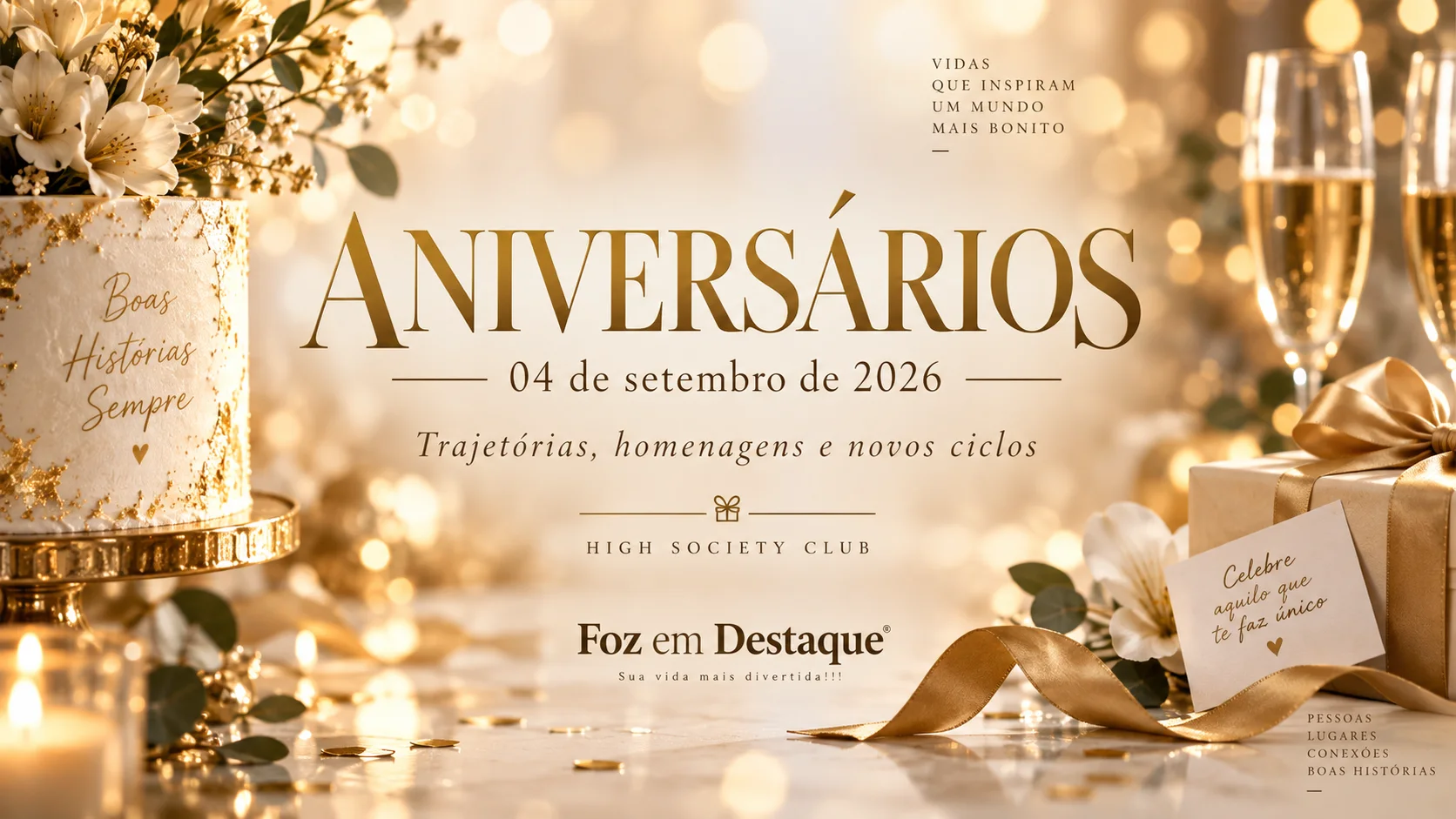 niversários — 4 de setembro de 2026 Arte gráfica de aniversários de 4 de setembro de 2026 do Foz em Destaque, sem fotografias, com elementos celebrativos e referência ao High Society Club.