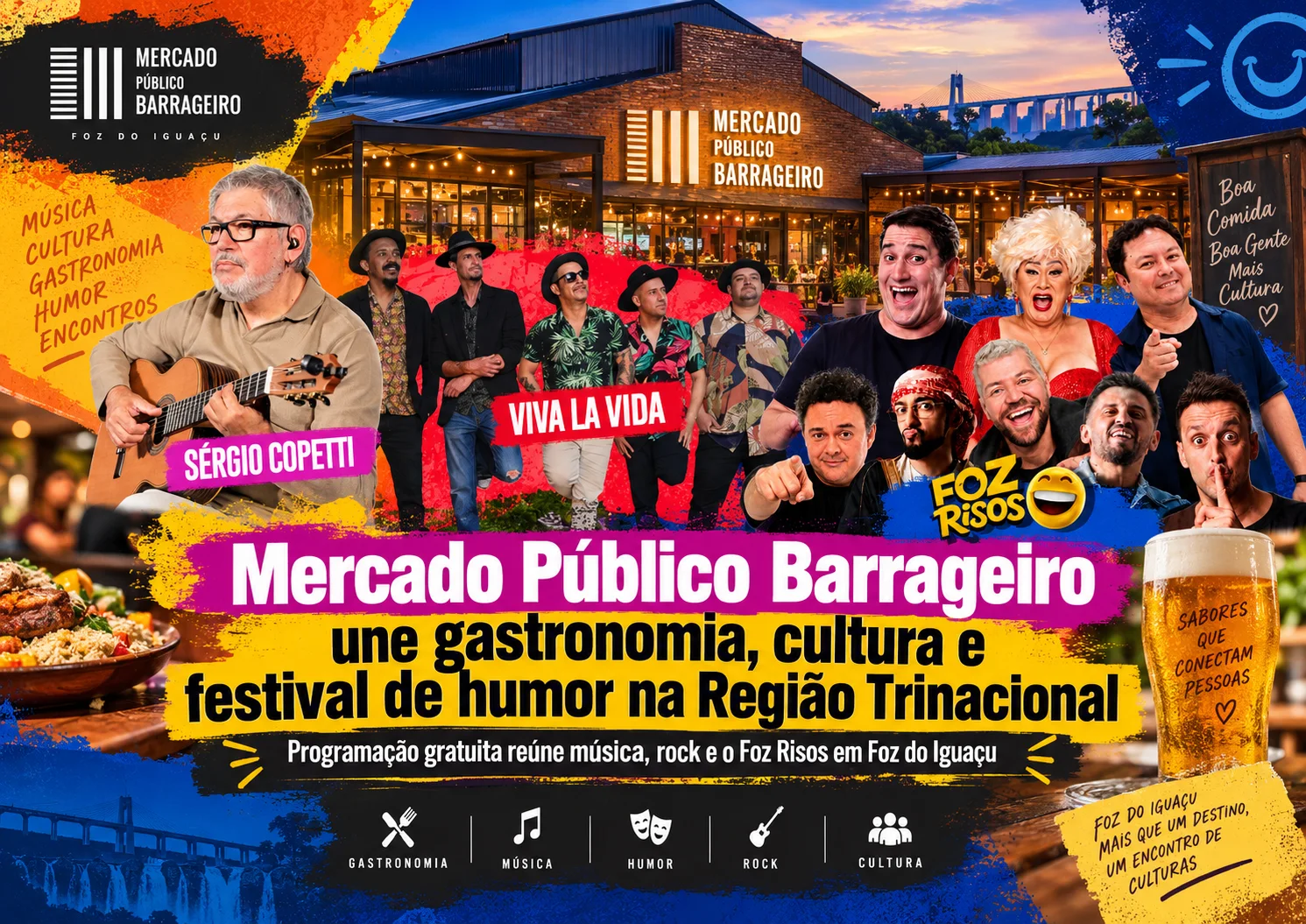 Mercado Público Barrageiro — Polo Cultural e Gastronômico de Foz Visão do espaço interno e público presente no Mercado Público Barrageiro em Foz do Iguaçu.