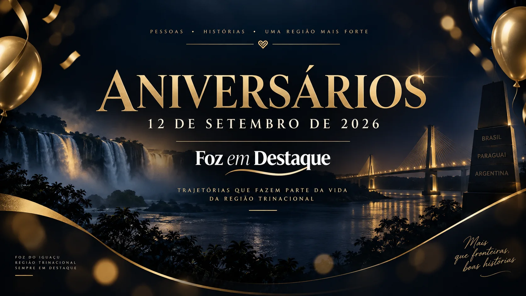 Aniversários de 12 de setembro de 2026 | Foz em Destaque Arte dos aniversários de 12 de setembro de 2026 do Foz em Destaque, com referências visuais à Região Trinacional.