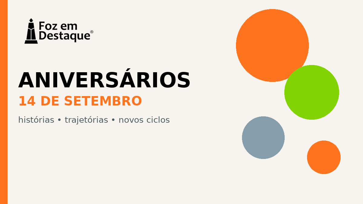 ANIVERSÁRIOS — 14 de setembro de 2026 Arte da editoria ANIVERSÁRIOS do Foz em Destaque para 14 de setembro de 2026.