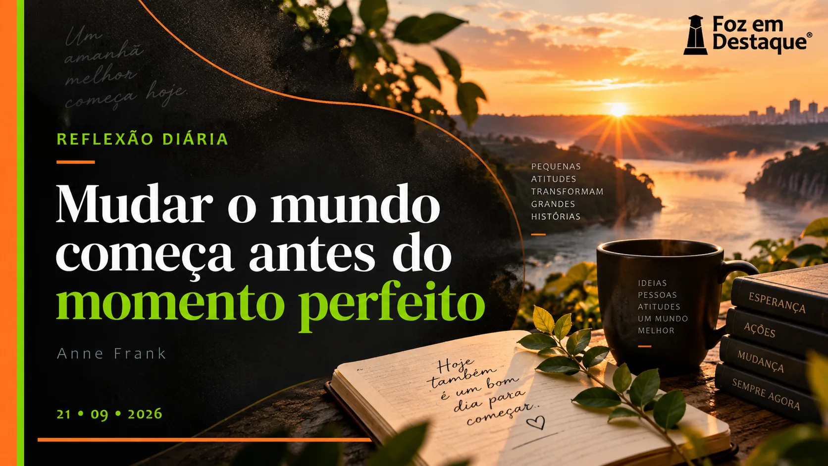Mudar o mundo começa antes do momento perfeito Reflexão de 21 de setembro inspirada em Anne Frank sobre começar agora e transformar intenção em ação.