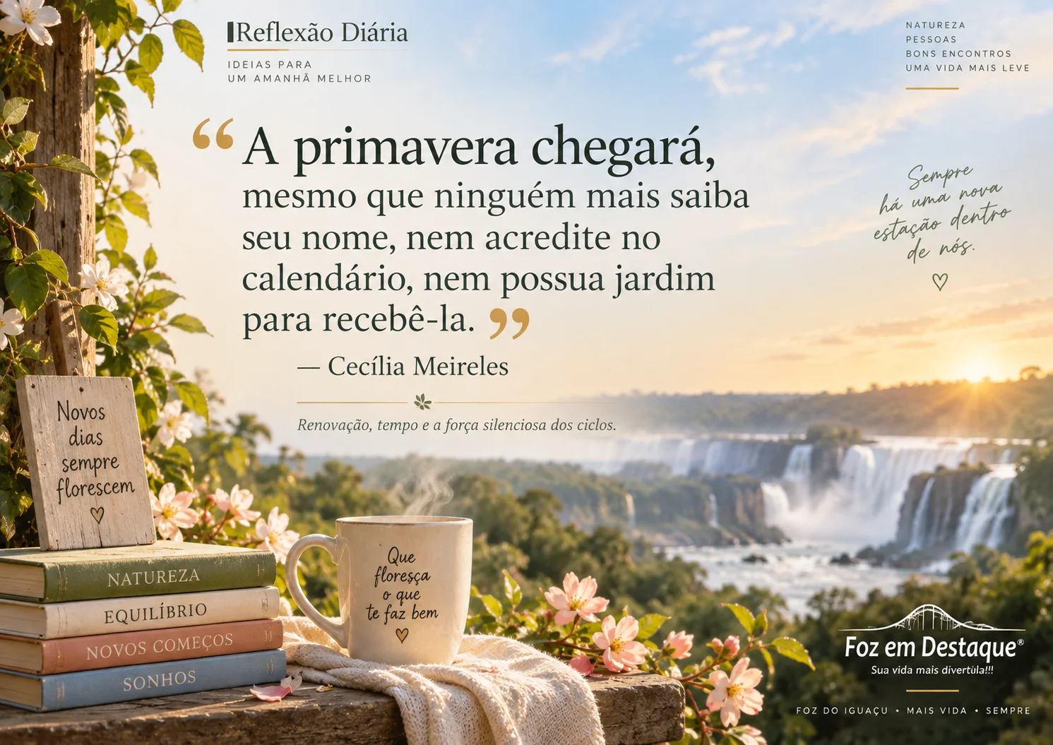 reflexão diária sabedoria estações "A primavera chegará, mesmo que ninguém mais saiba seu nome, nem acredite no calendário, nem possua jardim para recebê-la." — Cecília Meirel