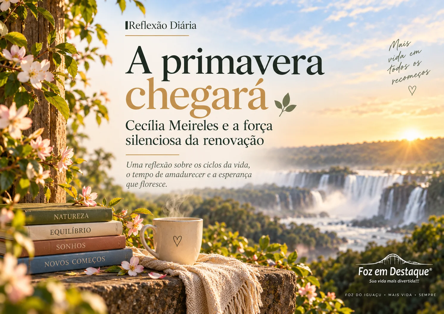 eflexao-diaria-cecilia-meireles-foz-em-destaque.jpg Fotografia horizontal com luz matinal suave incidindo sobre a vegetação regional, simbolizando o florescimento, a clareza mental e a renovação de ciclos.