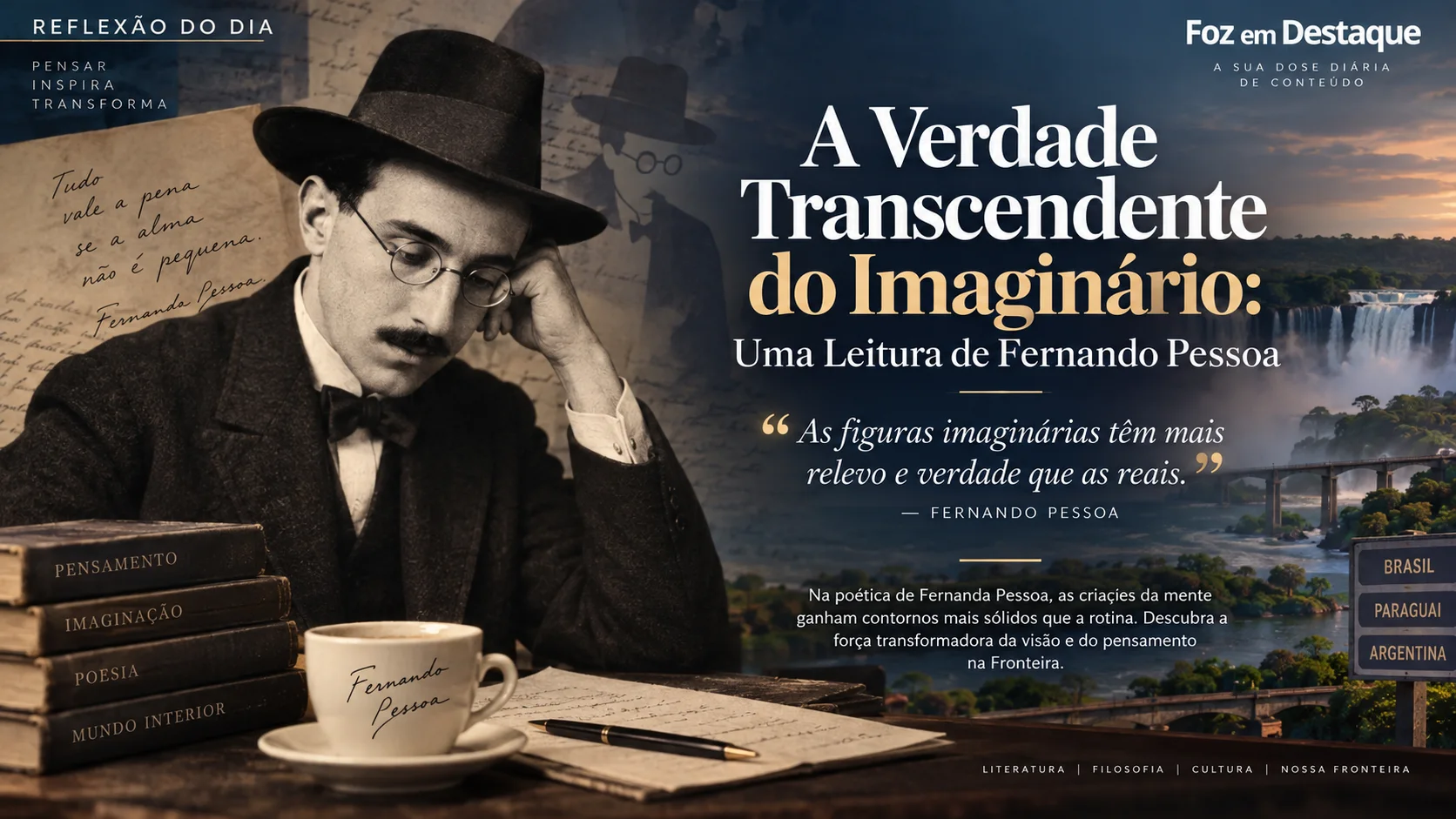 Título visual: A Verdade do Imaginário em Fernando Pessoa Retrato estilizado do poeta Fernando Pessoa com elementos gráficos suaves de escrita e reflexão.