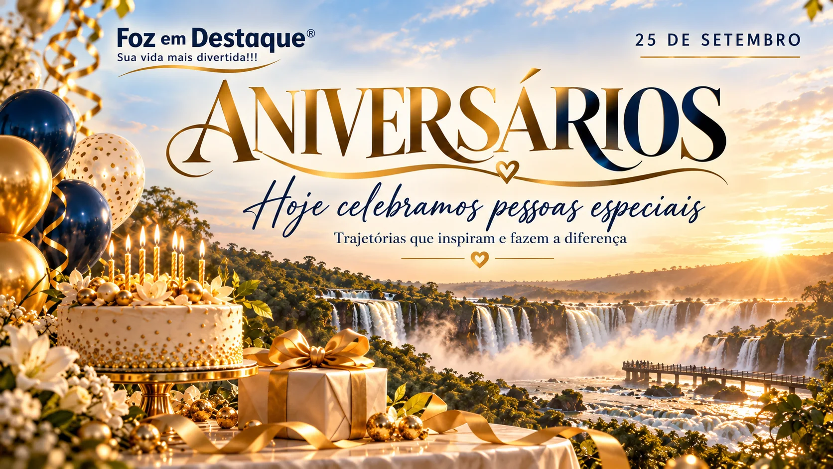 Da Advocacia ao Audiovisual — Aniversariantes 25/09/2026 Capa horizontal coletiva apresentando os aniversariantes do dia 25 de setembro em Foz do Iguaçu.Alt Text: Homenagem aos aniversariantes do dia 25 de setembro na Região Trinacional.