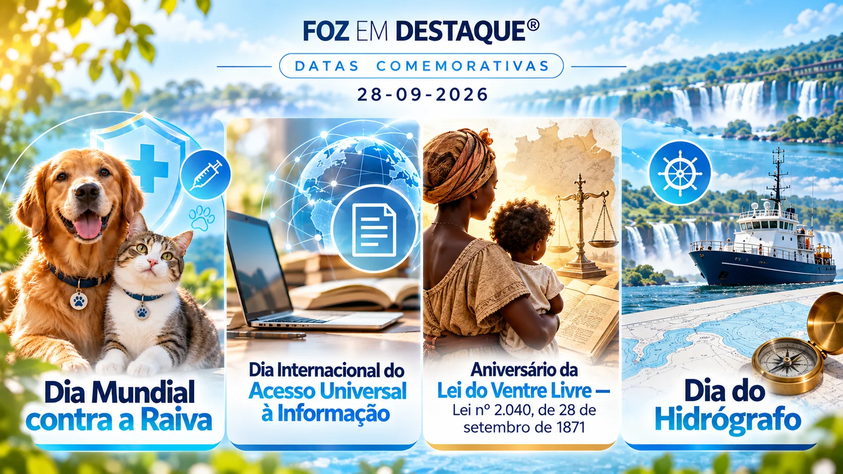 Conscientização, História e Ciência — Datas Comemorativas 28/09/2026 Fotografia horizontal do Rio Paraná e da ponte da Tríplice Fronteira ao pôr do sol, simbolizando a integração, informação e história.