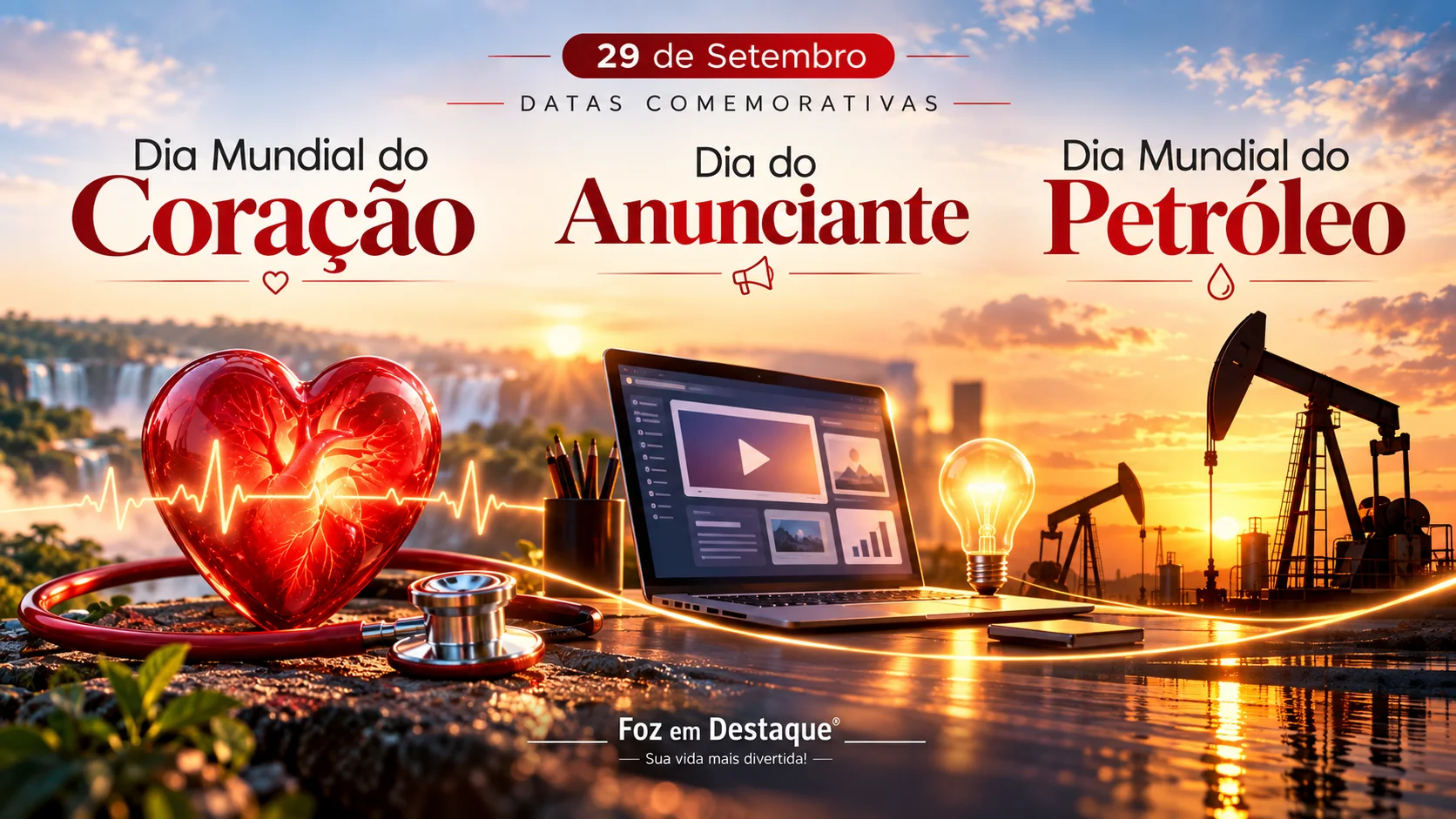Datas Comemorativas de 29 de Setembro — Coração, Anunciante e Petróleo Composição gráfica editorial em tons elegantes com símbolos representativos de saúde cardíaca, publicidade e energia para as datas de 29 de setembro.