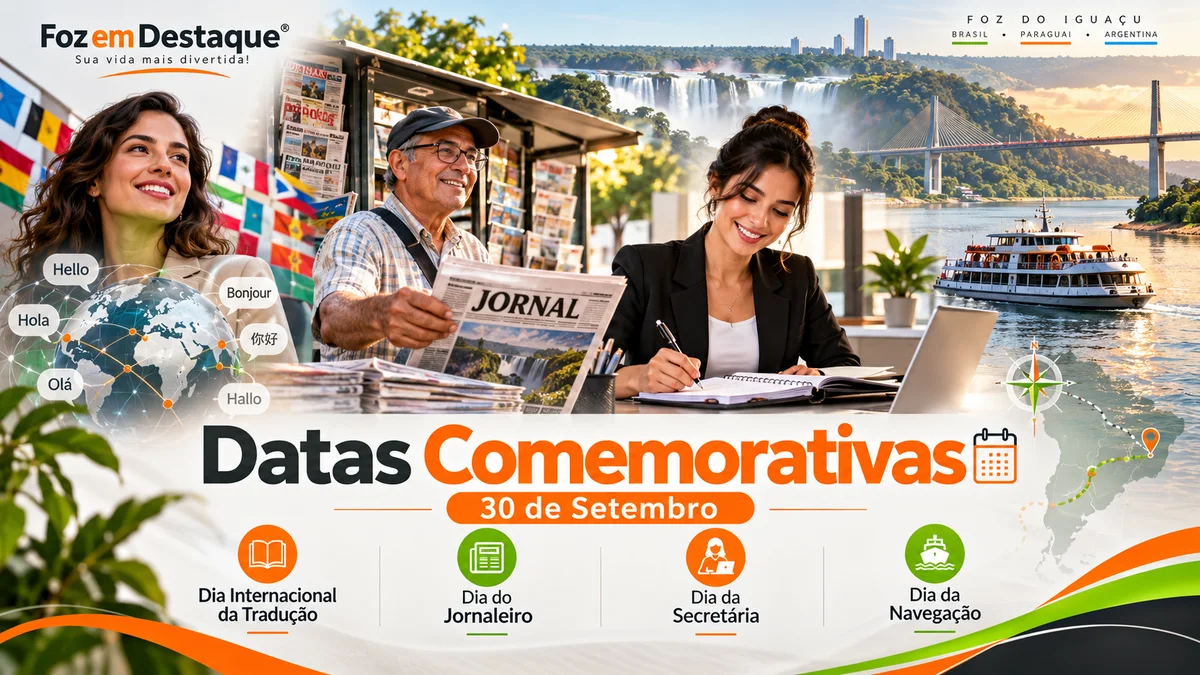 Título: Datas Comemorativas de 30 de Setembro — Foz em Destaque Imagem comemorativa com os temas Dia da Tradução, Dia do Jornaleiro, Dia da Secretária e Dia da Navegação em destaque.