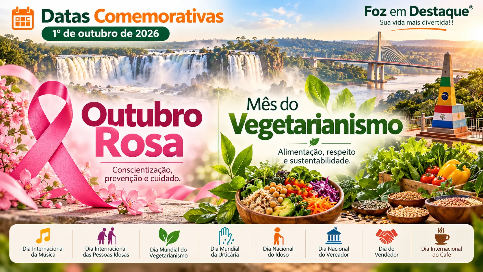 00 — Destaque Home — Datas Comemorativas — 01 10 2026 Ilustração comemorativa sobre o Outubro Rosa, Dia das Pessoas Idosas, Dia da Música, Dia Mundial da Urticária e demais datas de 1º de outubro.