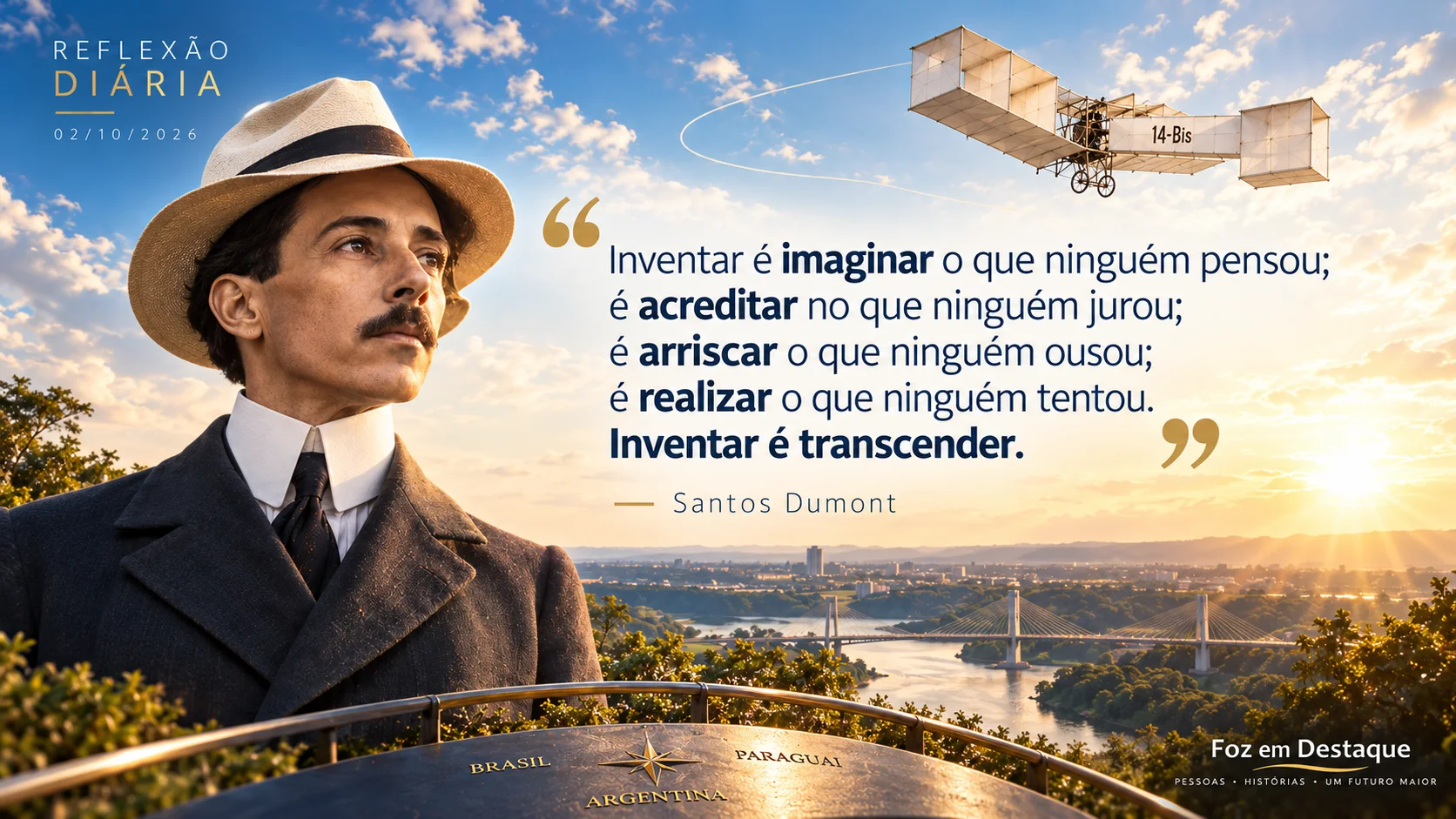 02 horizontal frase reflexao 02 10 2026 “Inventar é imaginar o que ninguém pensou; é acreditar no que ninguém jurou; é arriscar o que ninguém ousou; é realizar o que ninguém tentou. Inventar é transcender.” — Santos Dumont