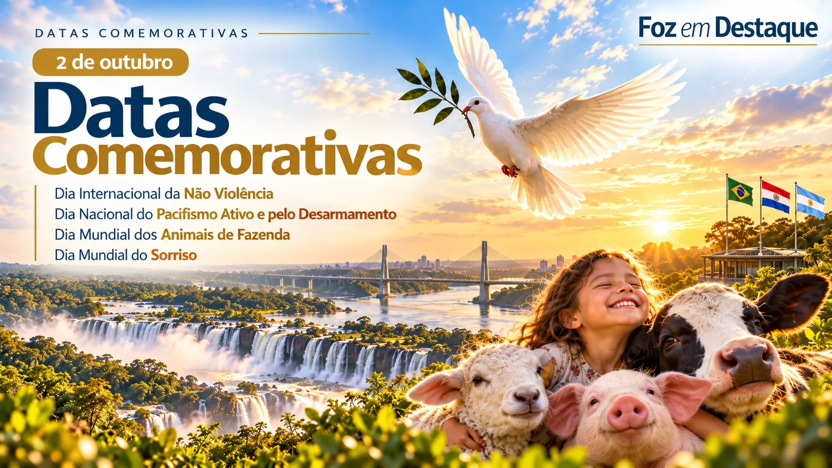 07 Datas Comemorativas DESTAQUE HOME Símbolos de paz e empatia representando as datas comemorativas de 2 de outubro na Região Trinacional.