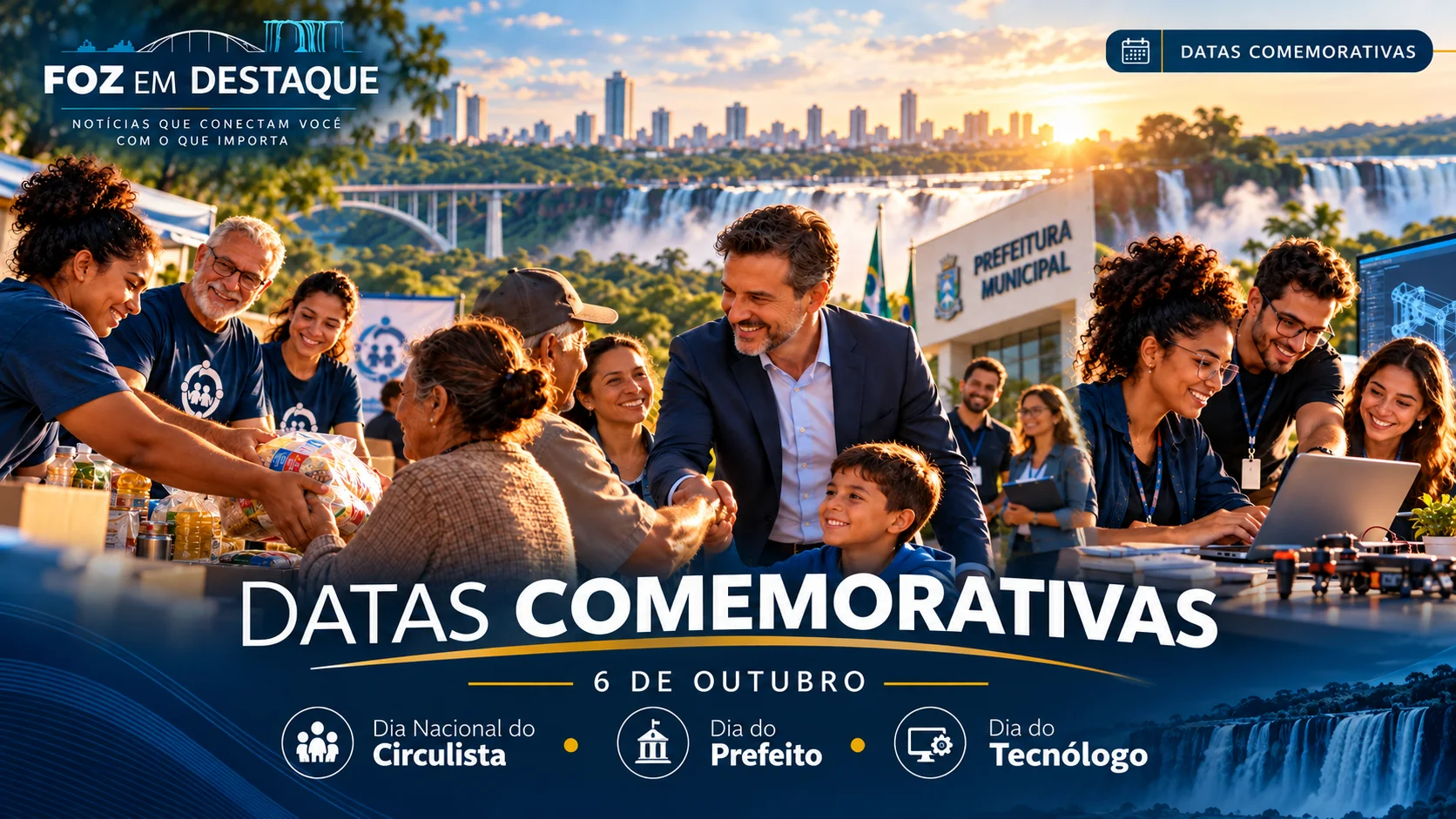 Arte especial do portal Foz em Destaque® destacando as comemorações do Dia Nacional do Circulista, Dia do Prefeito e Dia do Tecnólogo. Arte especial do portal Foz em Destaque® destacando as comemorações do Dia Nacional do Circulista, Dia do Prefeito e Dia do Tecnólogo.