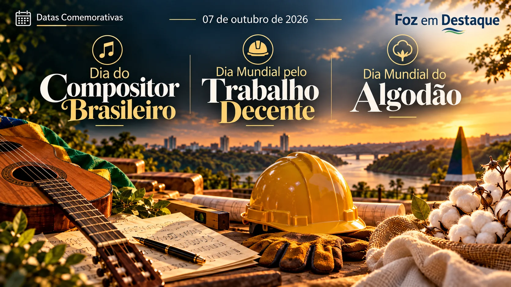 datas-comemorativas-compositor-trabalho-decente-algodao Imagem comemorativa do portal Foz em Destaque® destacando o Dia do Compositor Brasileiro, Dia Mundial pelo Trabalho Decente e Dia Mundial do Algodão.