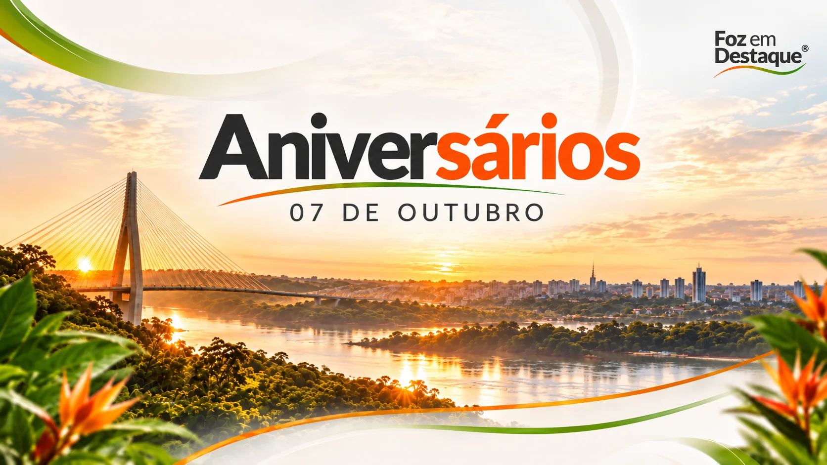 Aniversários em Foz do Iguaçu Imagem comemorativa da coluna Aniversários do portal Foz em Destaque com elementos festivos e elegantes.