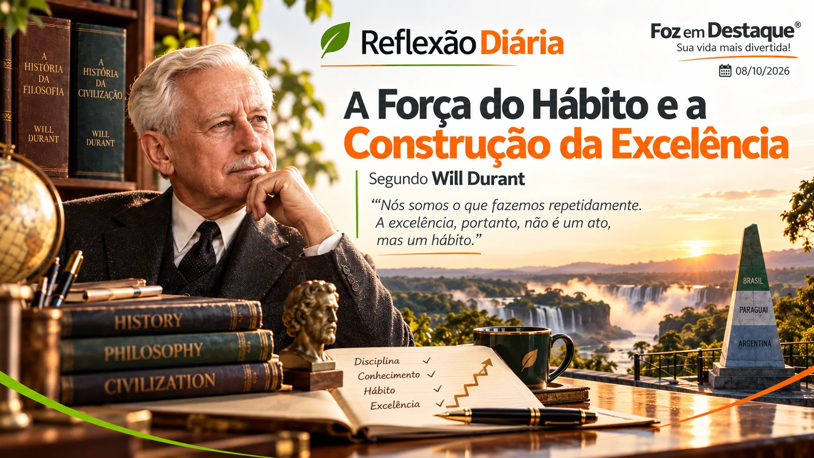 Reflexão Diária – Will Durant e a Força do Hábito Arte gráfica com a citação completa de Will Durant sobre a força da repetição e dos hábitos na construção da excelência.