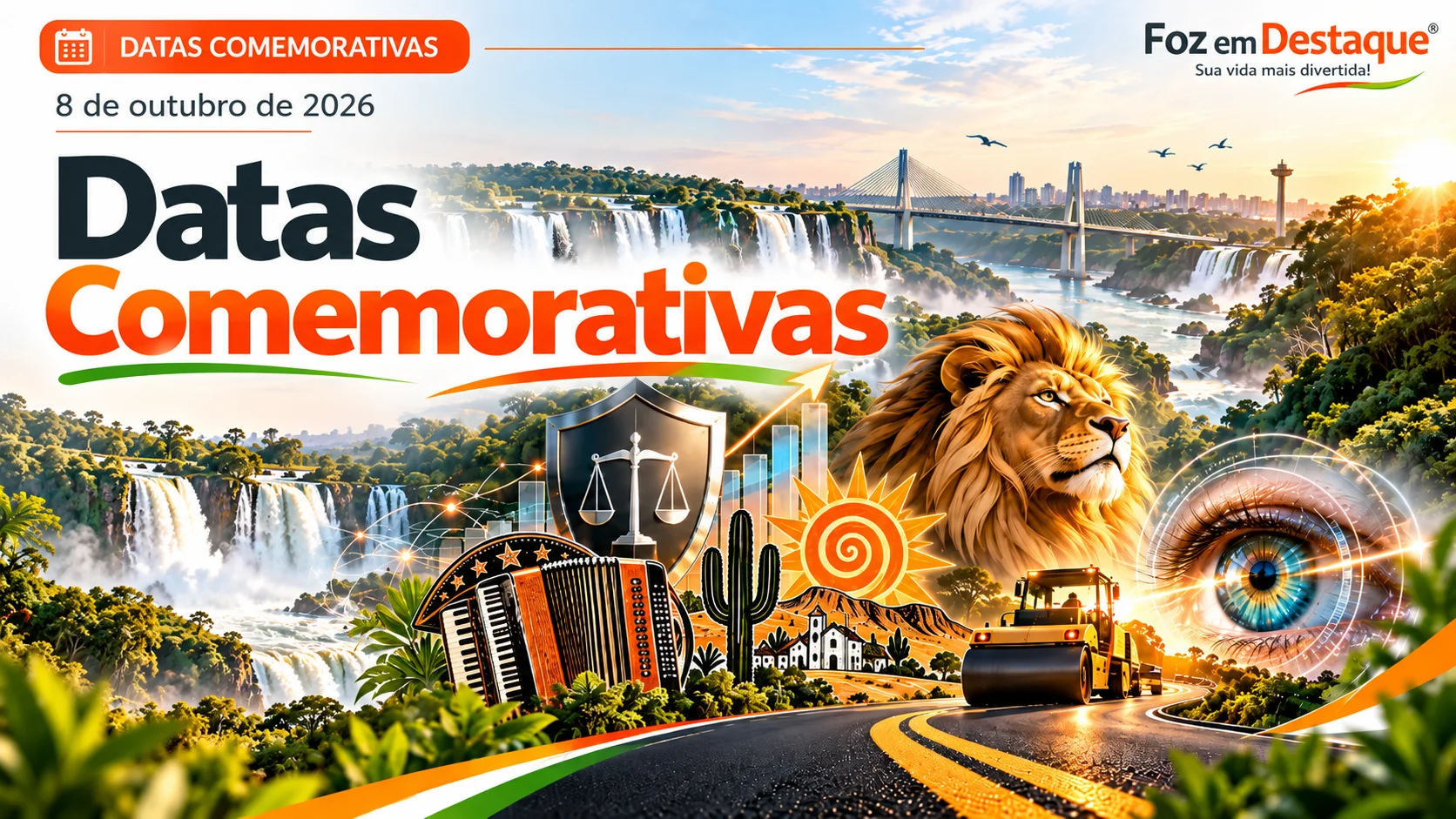 Datas Comemorativas em Foz do Iguaçu Arte comemorativa do portal Foz em Destaque® reunindo os temas do Dia do Combate a Cartéis, Dia do Nordestino, Dia do Asfaltador, Serviço Leonístico e Dia Mundial da Visão.