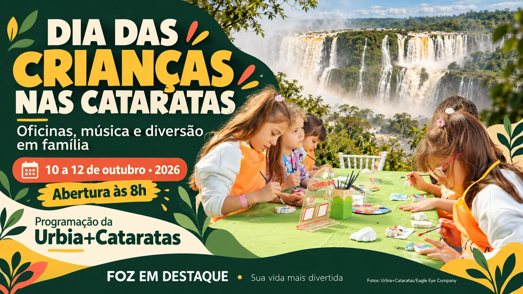 Dia das Crianças nas Cataratas com programação da Urbia+Cataratas. deve acompanhar a fotografia selecionada. Para uma imagem panorâmica das quedas, usar: “Vista das Cataratas do Iguaçu no Parque Nacional do Iguaçu, em Foz do Iguaçu.”