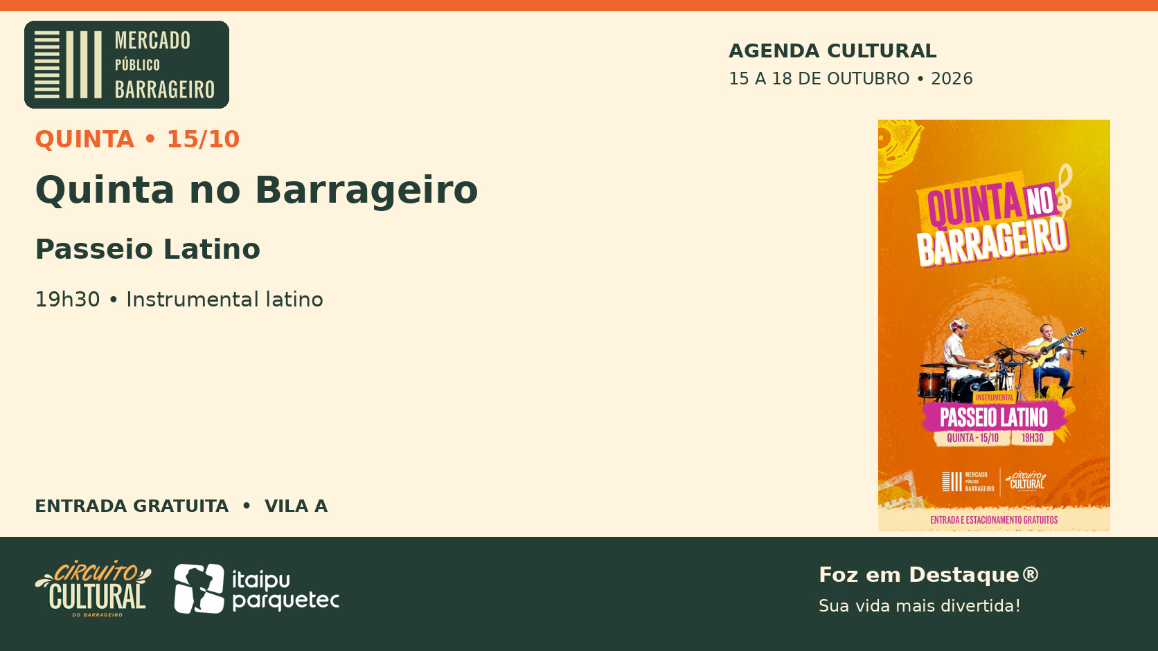 Mercado Público Barrageiro programação outubro 15-18 Quinta no Barrageiro