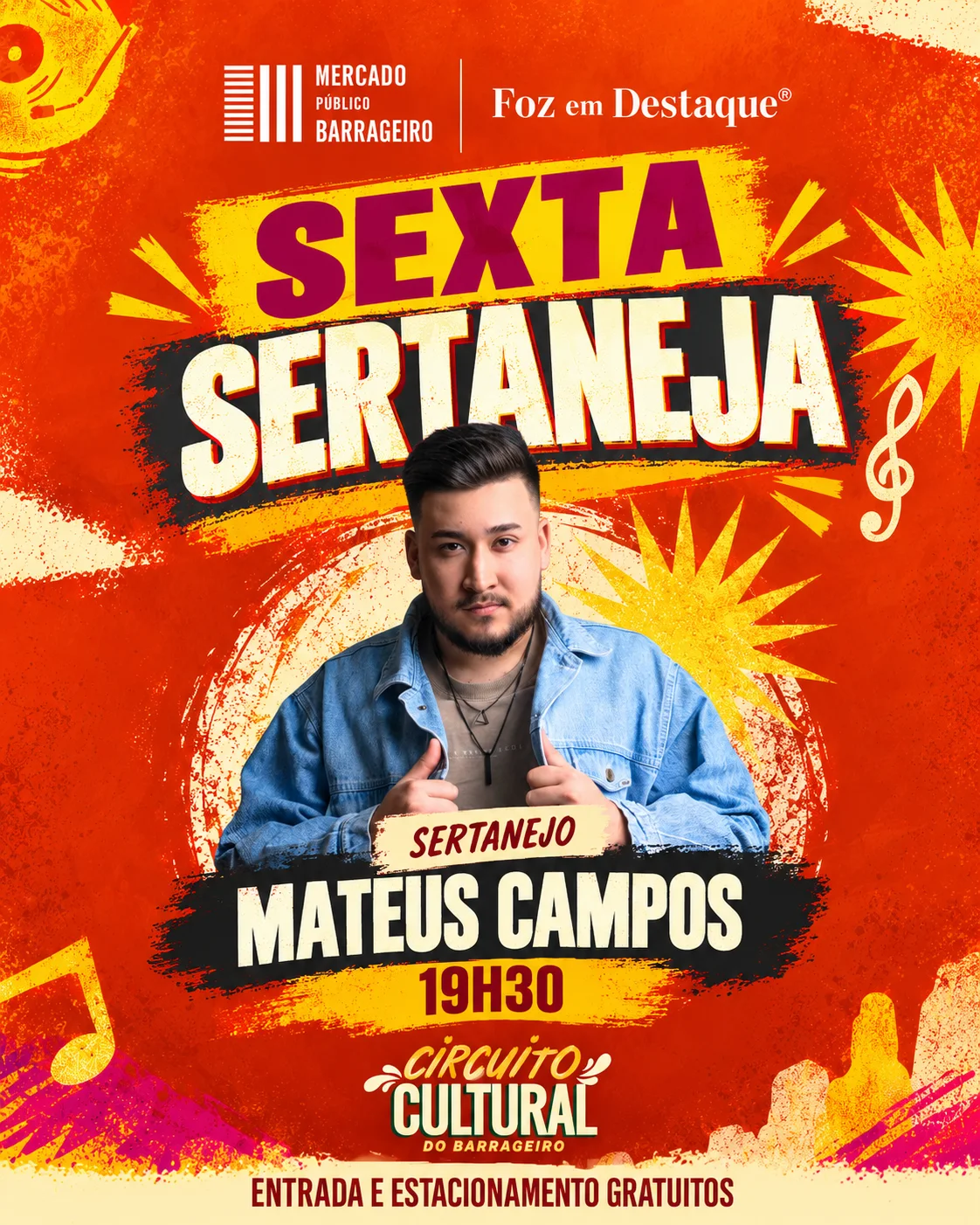 Mercado Público Barrageiro programação outubro Sexta Sertaneja (23/10): Show com Mateus Campos