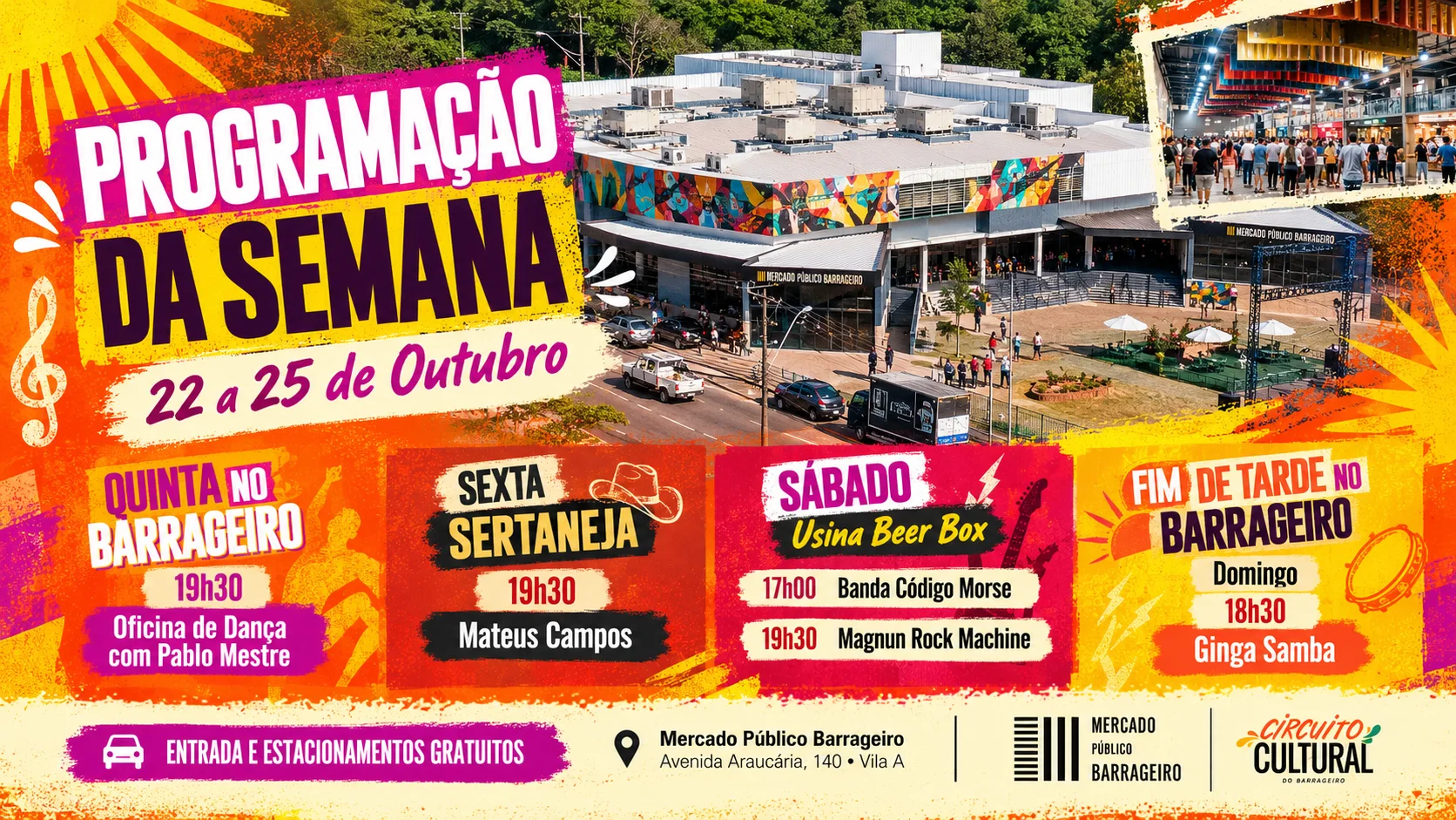 Programação Cultural e Gastronômica — Mercado Público Barrageiro otografia horizontal da área gastronômica e cultural do Mercado Público Barrageiro na Vila A em Foz do Iguaçu.