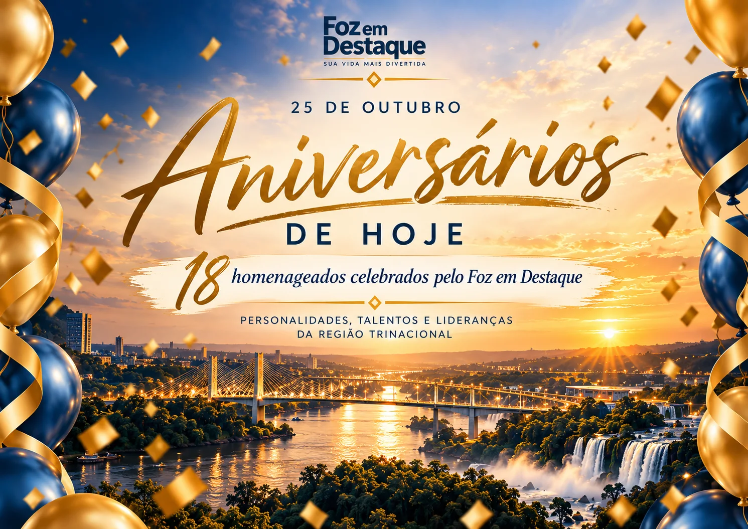 Aniversariantes de 25 de Outubro — Foz em Destaque Imagem horizontal festiva celebrando os aniversariantes de 25 de outubro.
