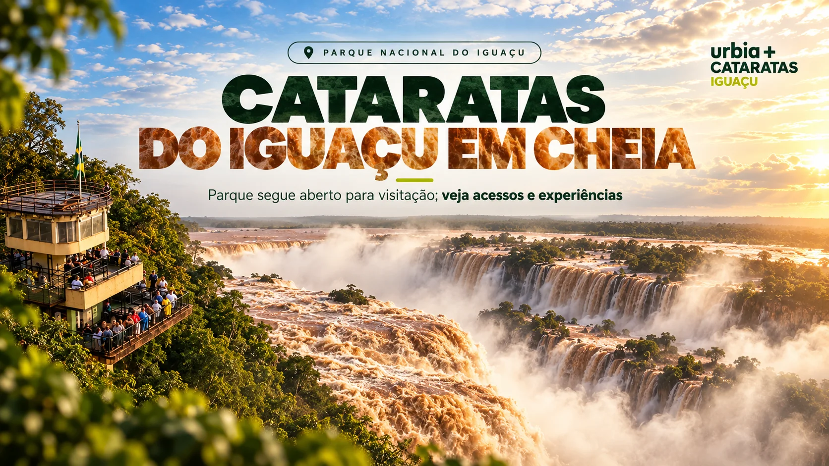 Visita às Cataratas com Vazão Elevada — Foz em Destaque Panorama das Cataratas do Iguaçu com vazão elevada de 6,2 milhões de litros por segundo e visitantes nos mirantes.