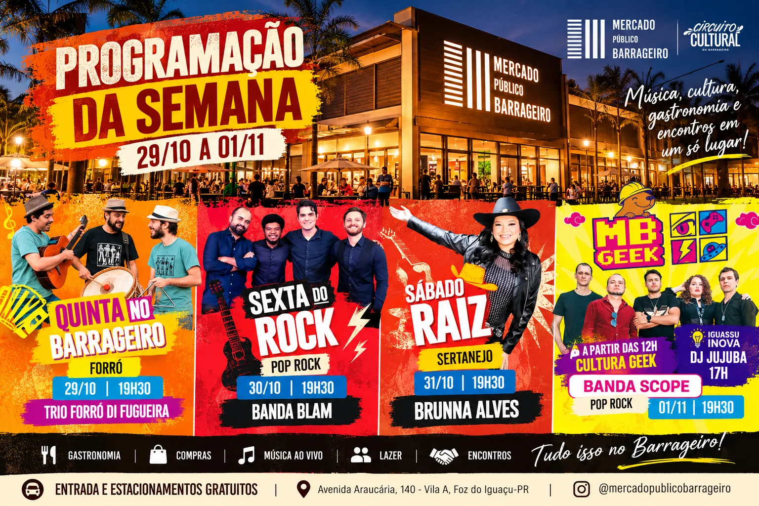 Mercado Público Barrageiro Programação da Semana — Foz em Destaque Vista interna do Mercado Público Barrageiro com público reunido em mesas saboreando gastronomia local e apreciando música ao vivo.
